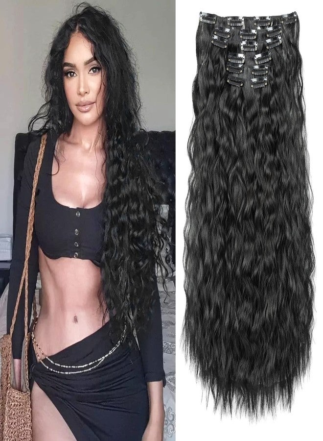 FLUFYMOOZ Clip In Hair Extensions,6PCS Hair Extensions Long Mermaid Waves Wavy Synthetic Clip On Hairpiece For Women 24 Inch (Natural Black) - Image 1